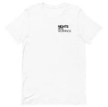 Load image into Gallery viewer, NIGHTS INTO MORNINGS WHITE T SHIRT FRONT AND BACK LOGO