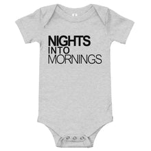Load image into Gallery viewer, NIGHTS INTO MORNINGS BABY ONESIE - WHITE, BLACK LOGO
