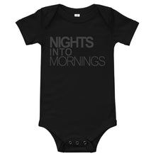 Load image into Gallery viewer, NIGHTS INTO MORNINGS BABY ONESIE - WHITE, BLACK LOGO
