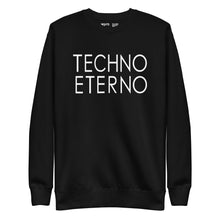 Load image into Gallery viewer, Techno Eterno Black Sweatshirt with White Logo | Nights Into Mornings