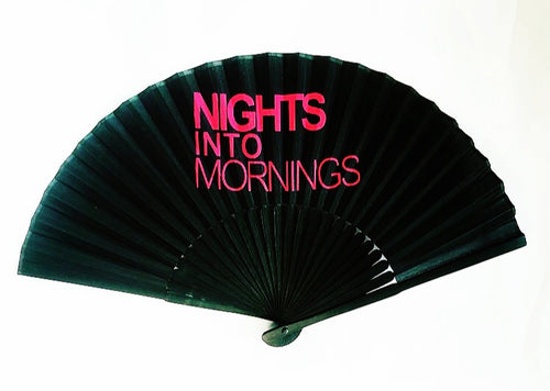 Folding Hand Fan with Pink Neon Logo | Nights Into Mornings