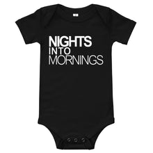 Load image into Gallery viewer, NIGHTS INTO MORNINGS BABY ONESIE - BLACK, WHITE LOGO
