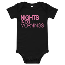 Load image into Gallery viewer, NIGHTS INTO MORNINGS BABY ONESIE - WHITE, PINK LOGO
