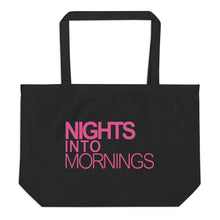 Load image into Gallery viewer, NIGHTS INTO MORNINGS ORGANIC COTTON BLACK TOTE BAG, PINK LOGO
