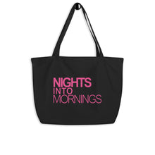 Load image into Gallery viewer, NIGHTS INTO MORNINGS ORGANIC COTTON BLACK TOTE BAG, PINK LOGO
