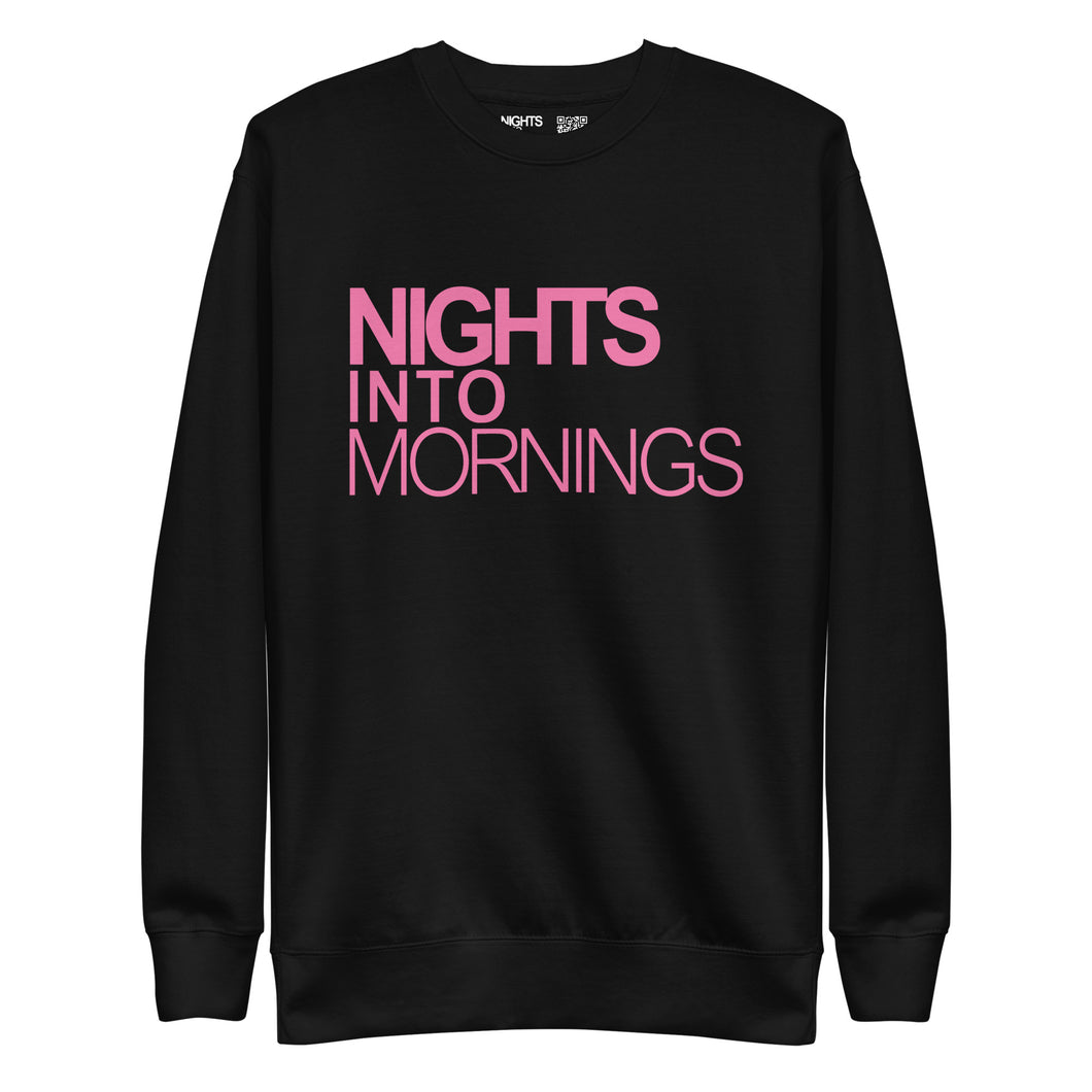 NIGHTS INTO MORNINGS BLACK SWEATSHIRT, PINK LOGO