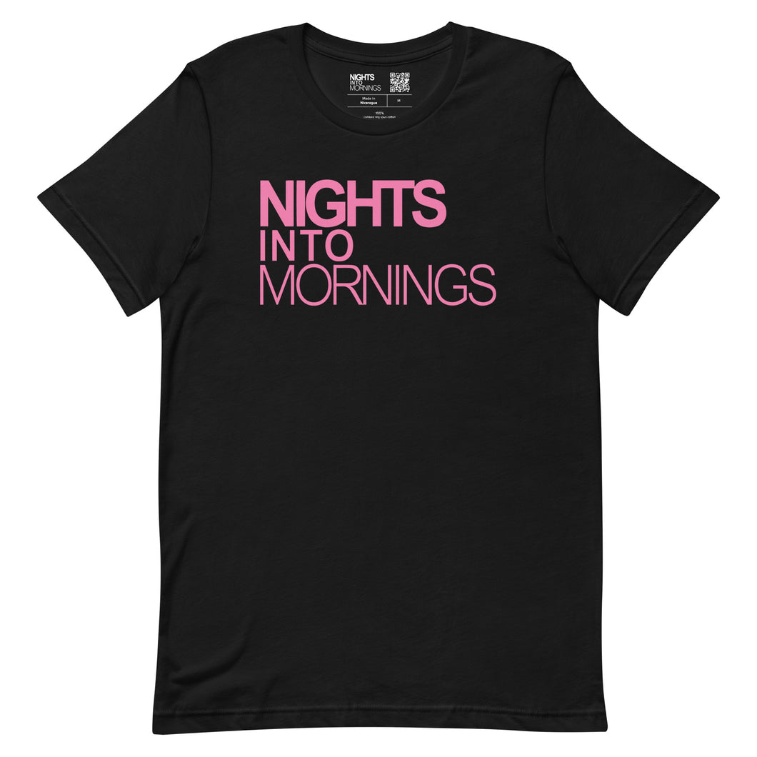 NIGHTS INTO MORNINGS BLACK T SHIRT PINK LOGO