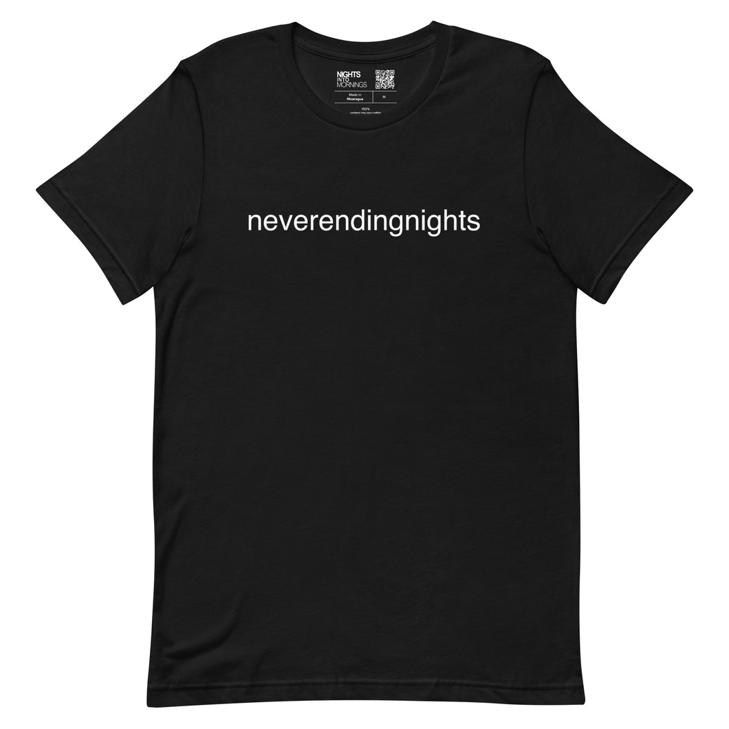 NEVERENDINGNIGHTS BLACK T SHIRT, WHITE FONT