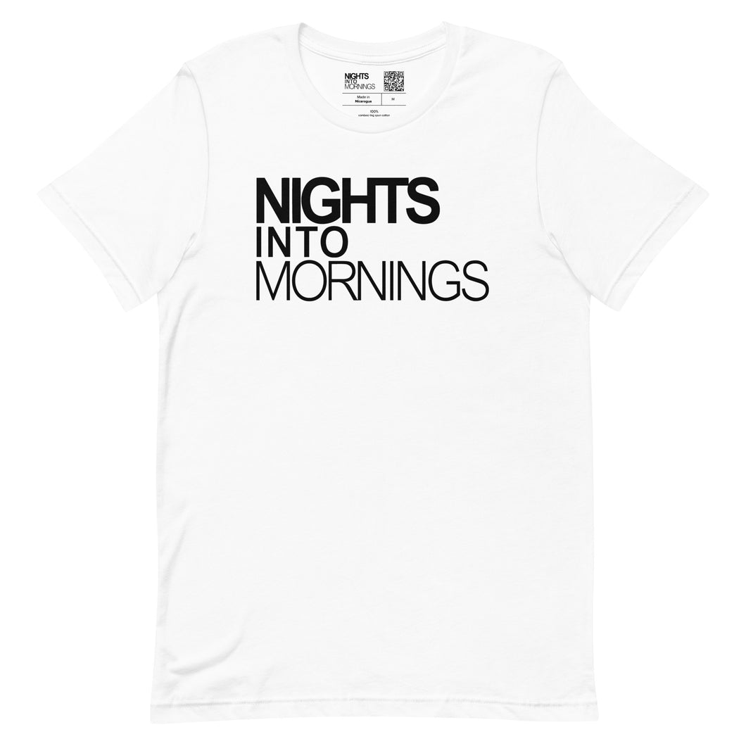 NIGHTS INTO MORNINGS WHITE T SHIRT, BLACK LOGO